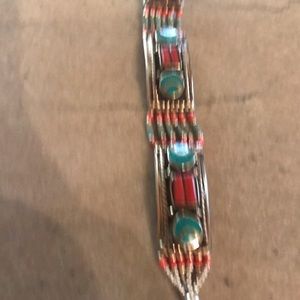 Coral and Turquoise Sterling Silver 7” Bracelet